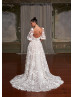 Ivory Embroidered Lace Tulle Fairytale Wedding Dress With Detachable Sleeves